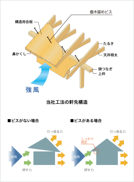 当社工法の軒先構造とビスの有無