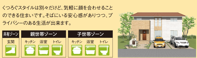 くつろぐスタイルは別々だけど、気軽に顔を合わせることのできる住まいです。そばにいる安心感がありつつ、プライバシーのある生活ができます。